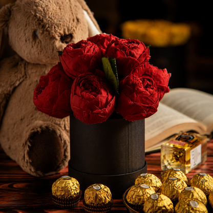 Arreglo floral romántico con 14 peonías rojas preservadas que no necesitan agua y chocolates finos