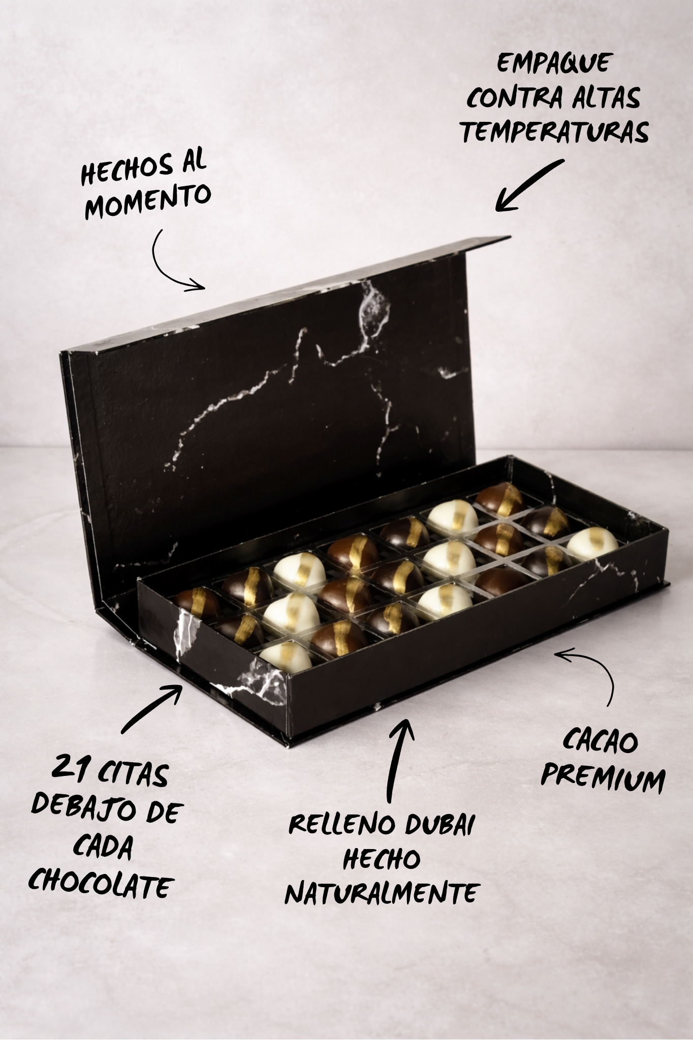 Caja "21 Citas" de Chocolates Rellenos de Pistache y Kataifi (Estilo Dubai)