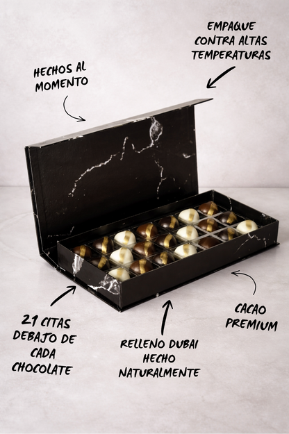 Caja "21 Citas" de Chocolates Rellenos de Pistache y Kataifi (Estilo Dubai)