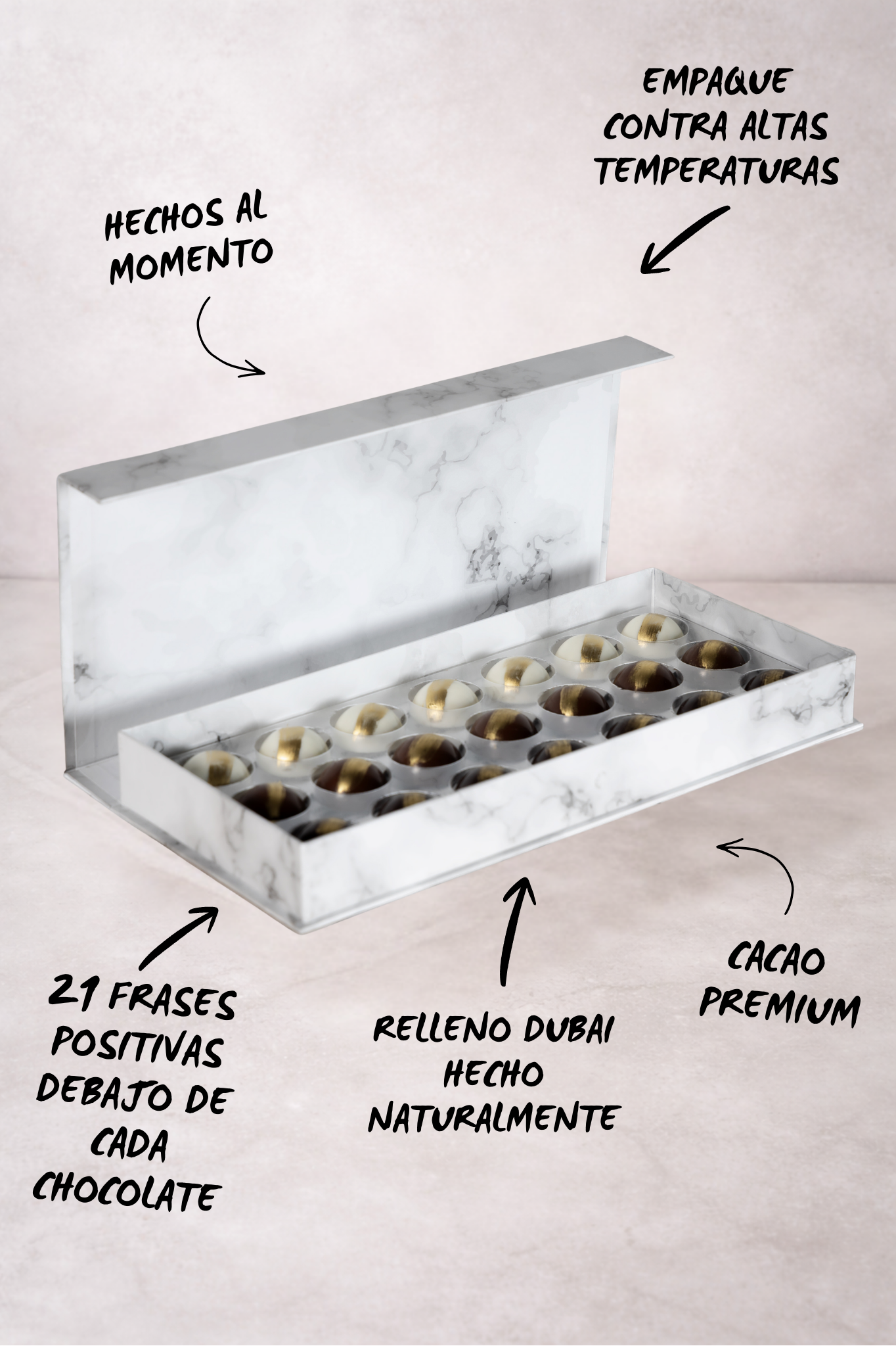 Caja de 21 Chocolates "21 Frases Positivas" | Chocolate Estilo Dubai