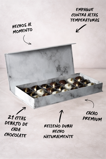 Caja con 21 chocolates y "21 citas para pareja" | Chocolate estilo Dubai