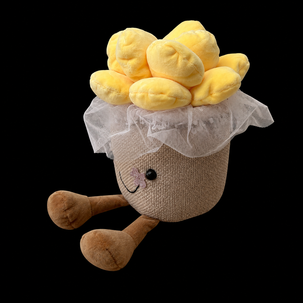 Maceta de peluche con patitas colgantes y corona de flores amarillas suaves para regalo de aniversario