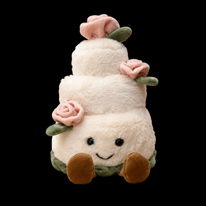 Peluche en forma de pastel de cumpleaños con rosas rosadas bordadas y carita sonriente para regalo
