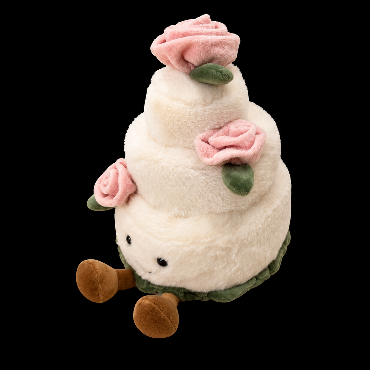 Pastel floral de peluche suave con detalles de flores de tela y patitas café